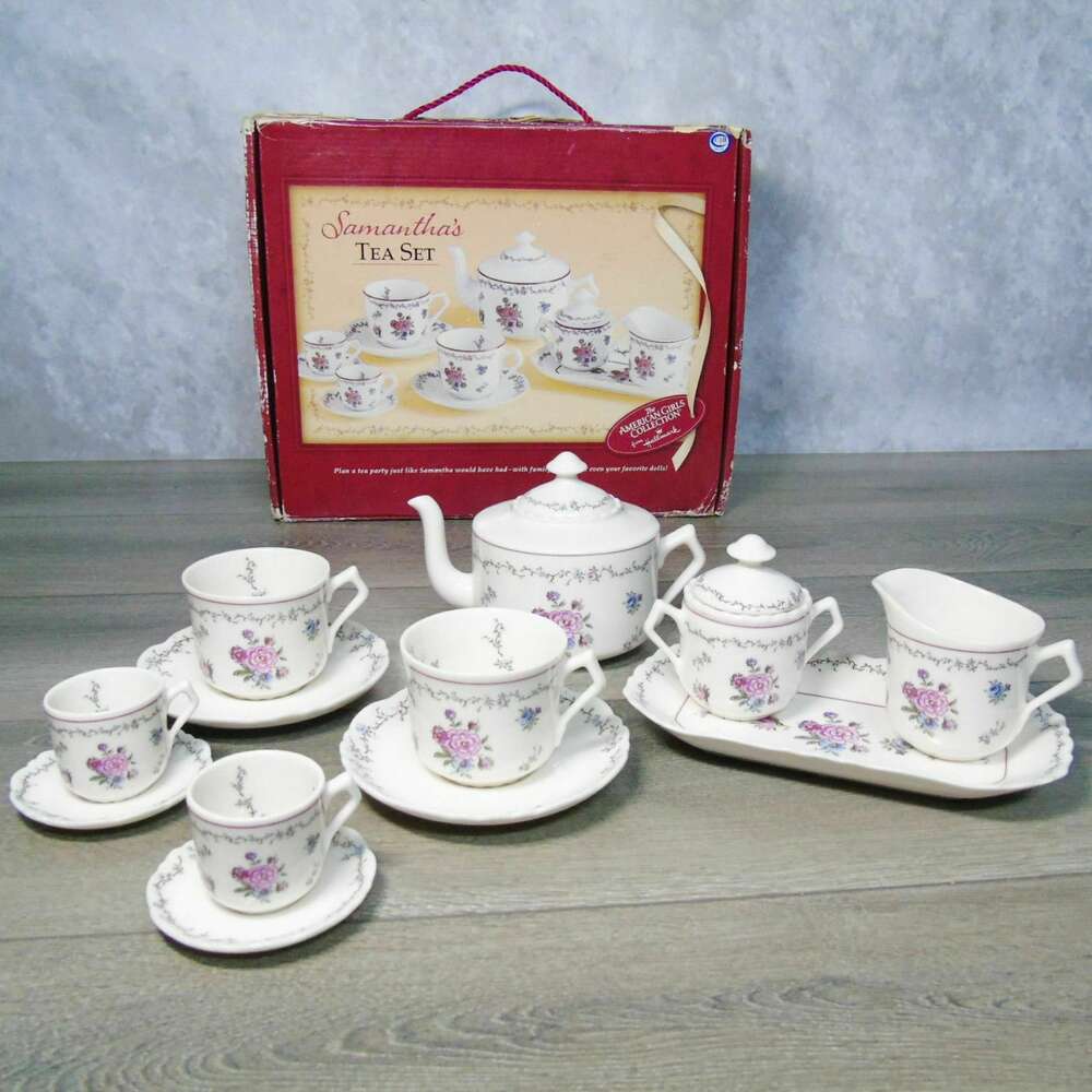 American Girl Samantha Tea Set Cup Saucer Sugar Bowl Creamer Platter Teapot Box
